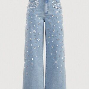 Blue Casual Women's Front Button Pocket Faux Pearl Decor Denim Jeans